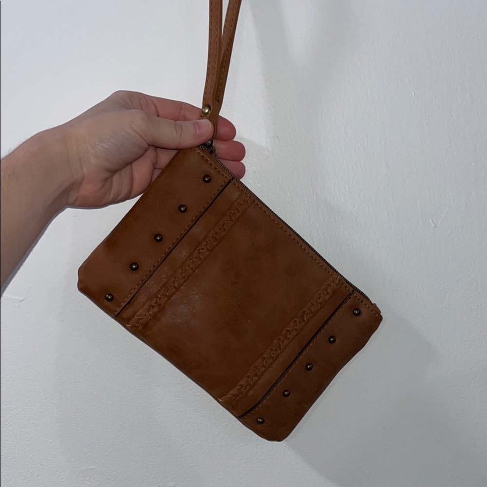 Brown Leather Wristlet with Stud Accents